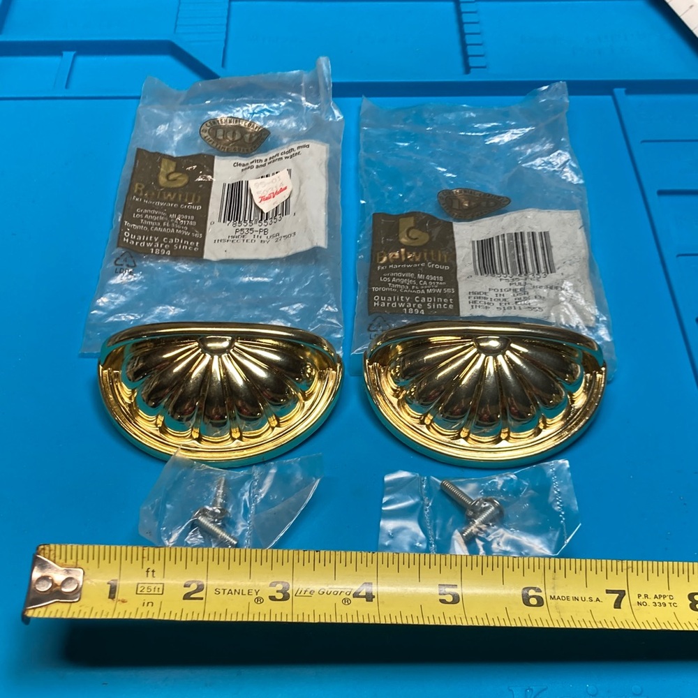 Lot of 2 new dresser drawer pulls, Belwith, gold tone, half moon, P535-PB